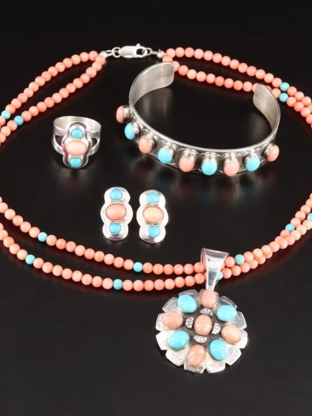 Desert Rose Trading Turquoise and Coral Necklace, Bracelet, Ring & Earrings Set